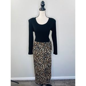 Vintage 90s Robbie Bee Animal Print Faux Wrap Dress Womens 6 Rockabilly Hipster